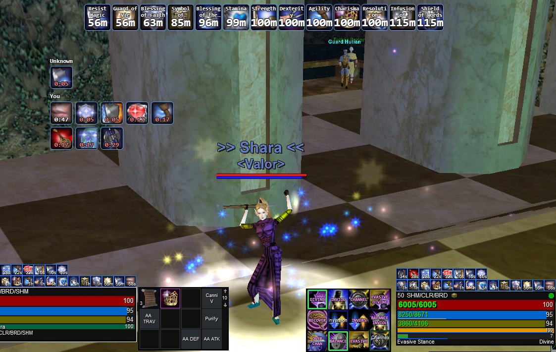 The EQLS Auras overlay running over the game, buff icons across the top of the screen each counting down its own remaining time.