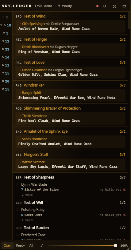The overlay listing seven ready quests, each showing only the items to hand over