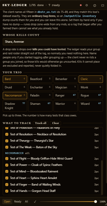 The setup panel: whose kills count, the class picker, and what to track